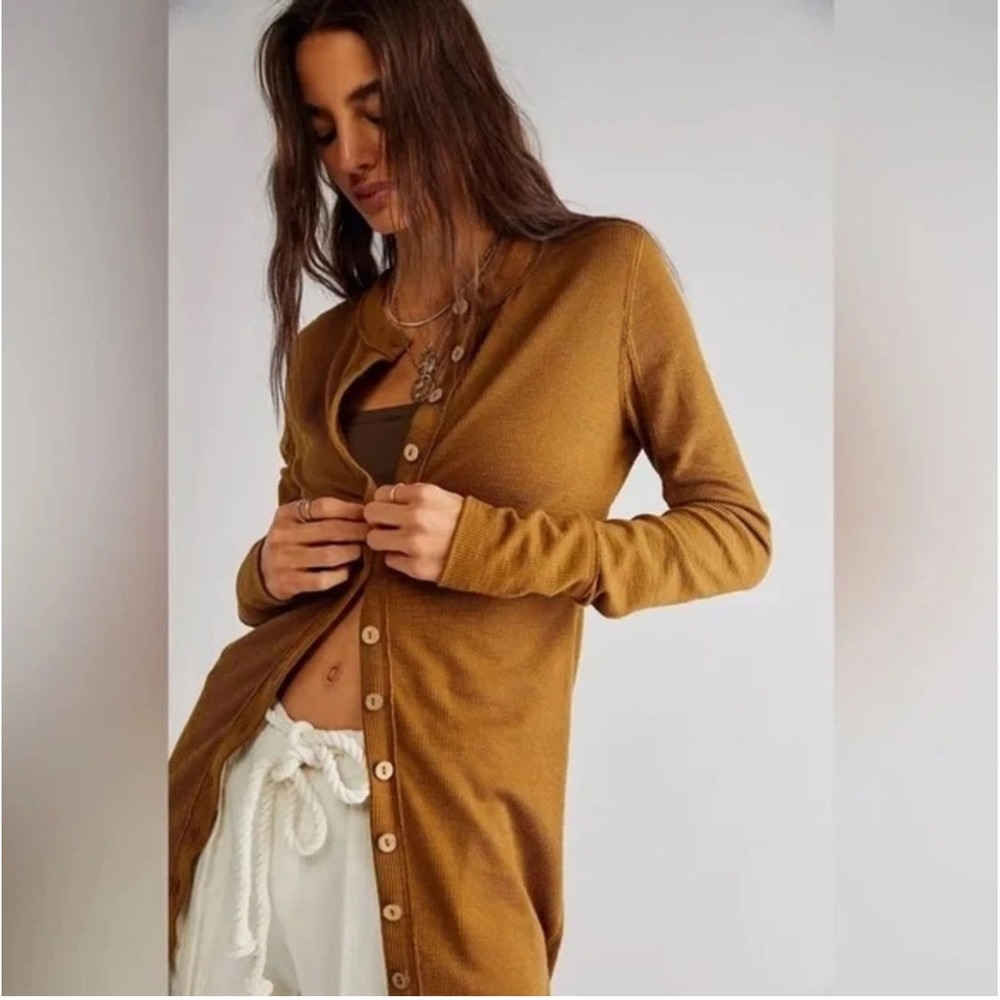 FP We The Free Gia Cardigan Long Sleeve Button Front Ribbed Knit Duster‎ Brown M